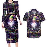 Mardi Gras Gnome Couples Matching Long Sleeve Bodycon Dress and Hawaiian Shirt Beads Fleur de lis Symbol