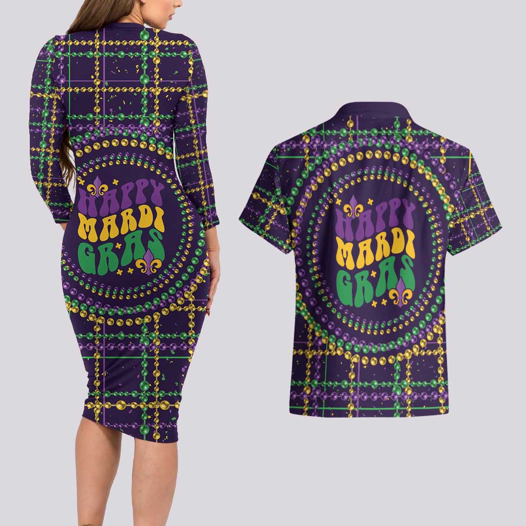 Mardi Gras Gnome Couples Matching Long Sleeve Bodycon Dress and Hawaiian Shirt Beads Fleur de lis Symbol