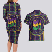 Mardi Gras Gnome Couples Matching Long Sleeve Bodycon Dress and Hawaiian Shirt Beads Fleur de lis Symbol