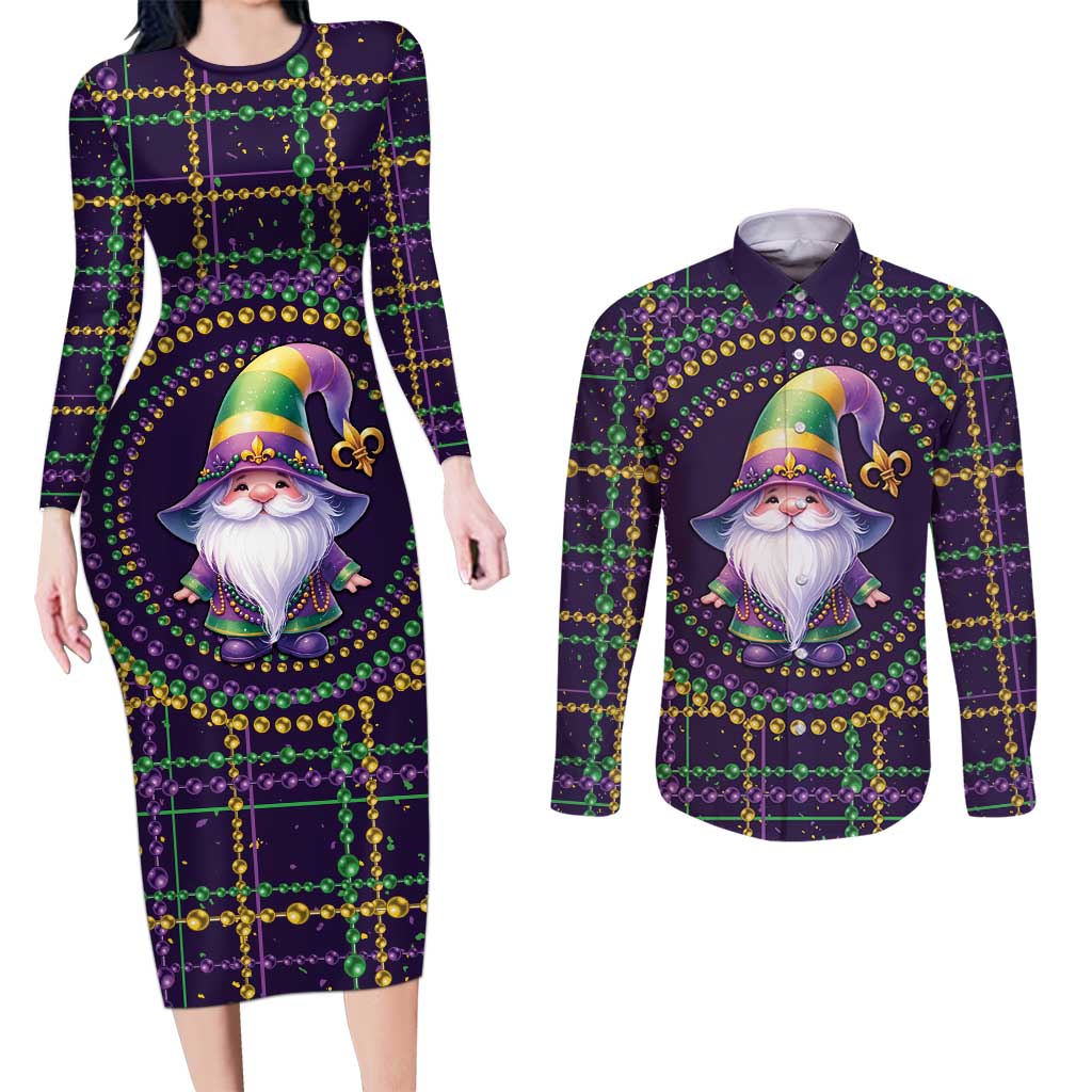 Mardi Gras Gnome Couples Matching Long Sleeve Bodycon Dress and Long Sleeve Button Shirt Beads Fleur de lis Symbol