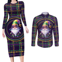 Mardi Gras Gnome Couples Matching Long Sleeve Bodycon Dress and Long Sleeve Button Shirt Beads Fleur de lis Symbol
