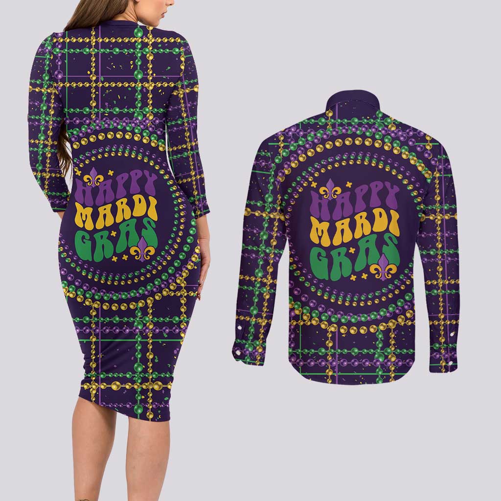 Mardi Gras Gnome Couples Matching Long Sleeve Bodycon Dress and Long Sleeve Button Shirt Beads Fleur de lis Symbol