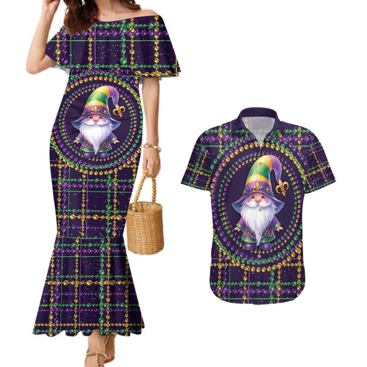 Mardi Gras Gnome Couples Matching Mermaid Dress and Hawaiian Shirt Beads Fleur de lis Symbol