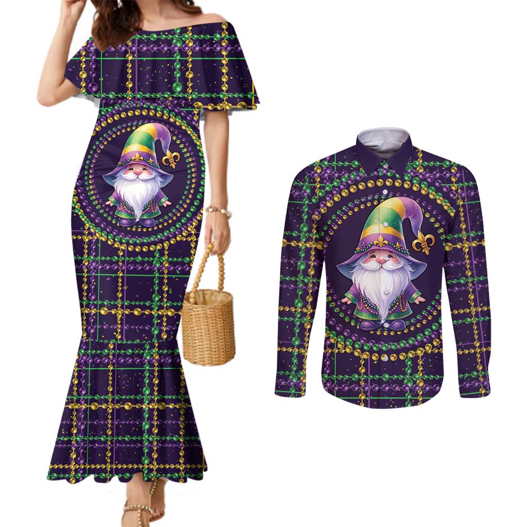 Mardi Gras Gnome Couples Matching Mermaid Dress and Long Sleeve Button Shirt Beads Fleur de lis Symbol