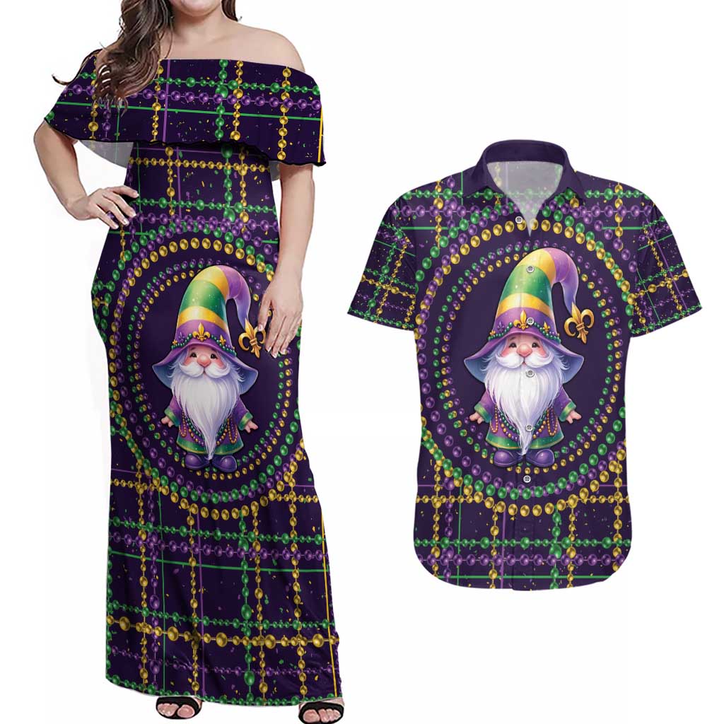 Mardi Gras Gnome Couples Matching Off Shoulder Maxi Dress and Hawaiian Shirt Beads Fleur de lis Symbol