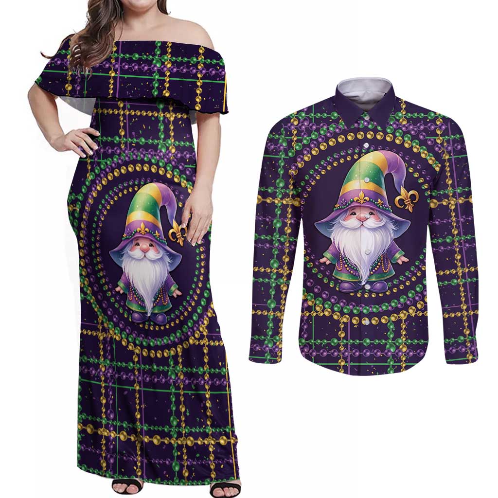 Mardi Gras Gnome Couples Matching Off Shoulder Maxi Dress and Long Sleeve Button Shirt Beads Fleur de lis Symbol