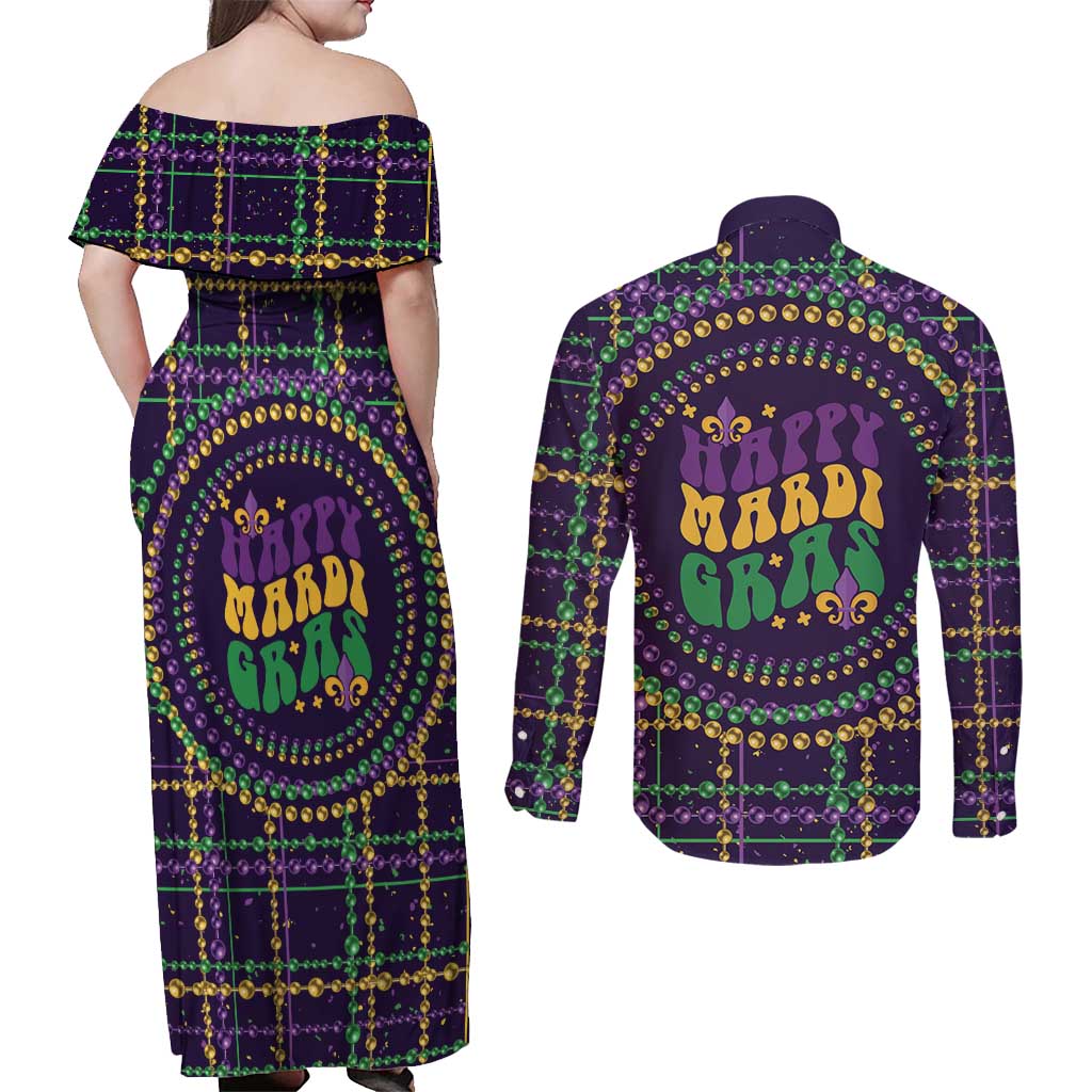 Mardi Gras Gnome Couples Matching Off Shoulder Maxi Dress and Long Sleeve Button Shirt Beads Fleur de lis Symbol