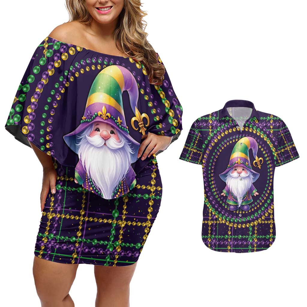 Mardi Gras Gnome Couples Matching Off Shoulder Short Dress and Hawaiian Shirt Beads Fleur de lis Symbol
