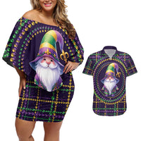 Mardi Gras Gnome Couples Matching Off Shoulder Short Dress and Hawaiian Shirt Beads Fleur de lis Symbol