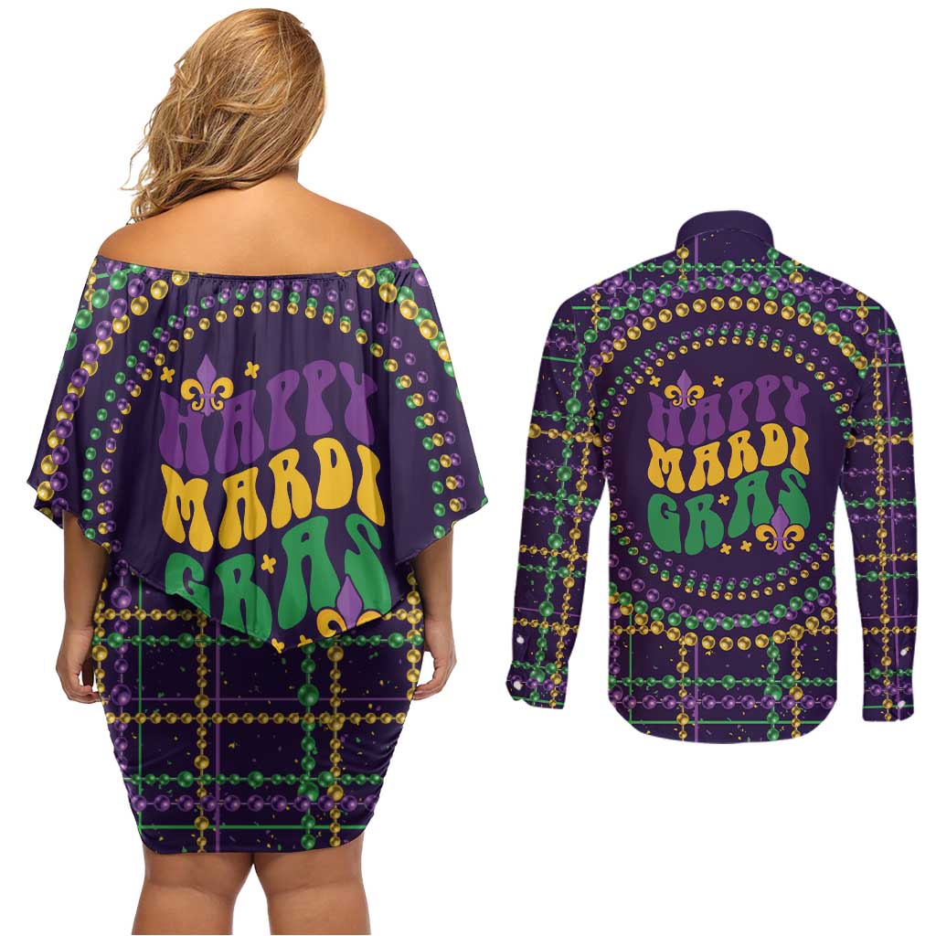 Mardi Gras Gnome Couples Matching Off Shoulder Short Dress and Long Sleeve Button Shirt Beads Fleur de lis Symbol