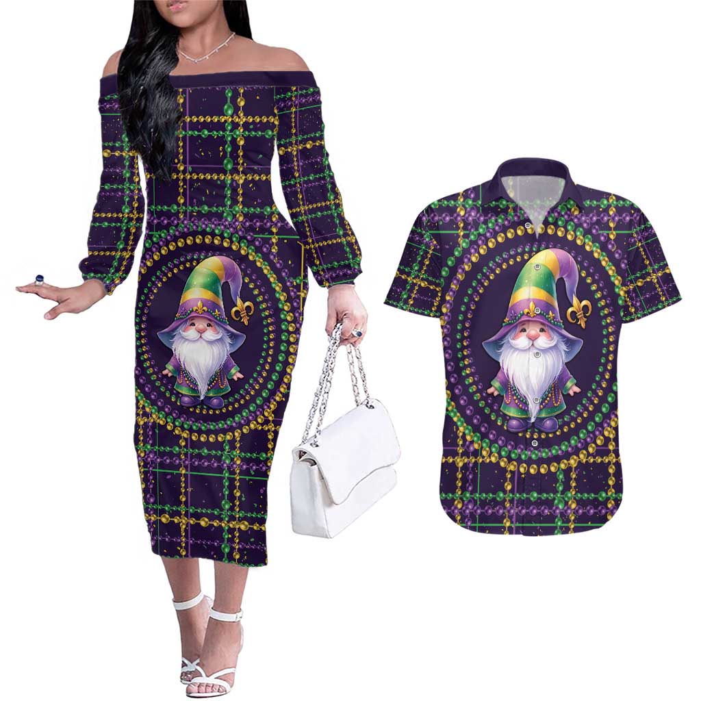 Mardi Gras Gnome Couples Matching Off The Shoulder Long Sleeve Dress and Hawaiian Shirt Beads Fleur de lis Symbol