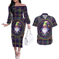 Mardi Gras Gnome Couples Matching Off The Shoulder Long Sleeve Dress and Hawaiian Shirt Beads Fleur de lis Symbol