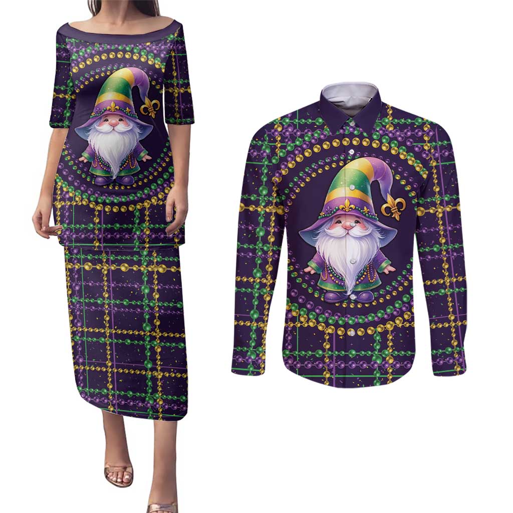 Mardi Gras Gnome Couples Matching Puletasi and Long Sleeve Button Shirt Beads Fleur de lis Symbol