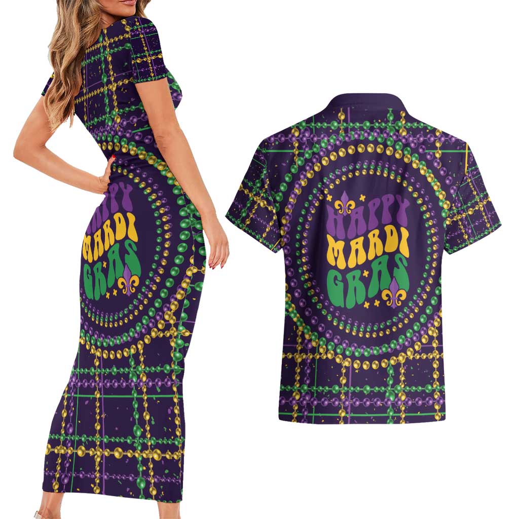 Mardi Gras Gnome Couples Matching Short Sleeve Bodycon Dress and Hawaiian Shirt Beads Fleur de lis Symbol