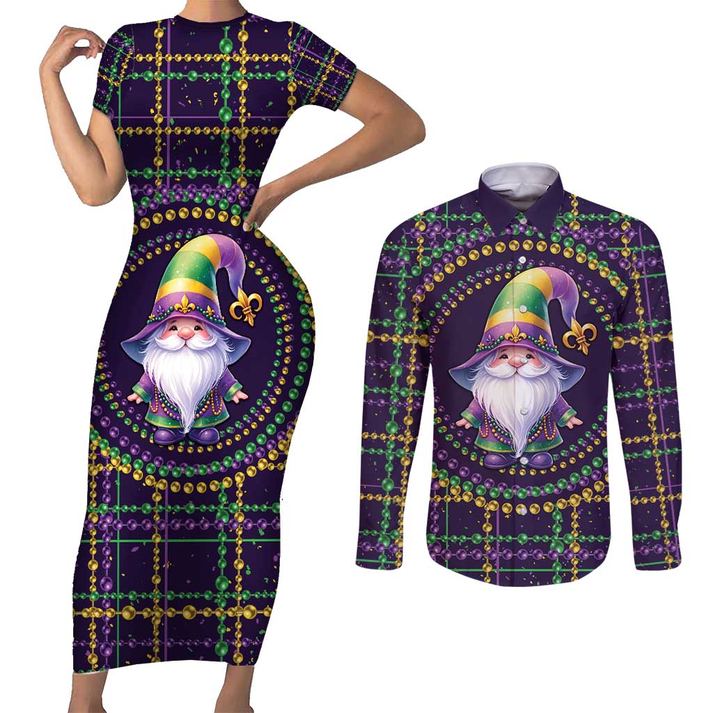 Mardi Gras Gnome Couples Matching Short Sleeve Bodycon Dress and Long Sleeve Button Shirt Beads Fleur de lis Symbol