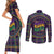 Mardi Gras Gnome Couples Matching Short Sleeve Bodycon Dress and Long Sleeve Button Shirt Beads Fleur de lis Symbol