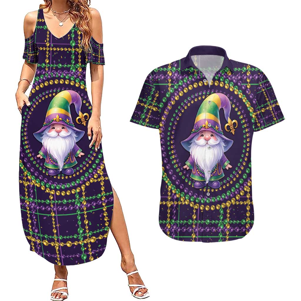 Mardi Gras Gnome Couples Matching Summer Maxi Dress and Hawaiian Shirt Beads Fleur de lis Symbol