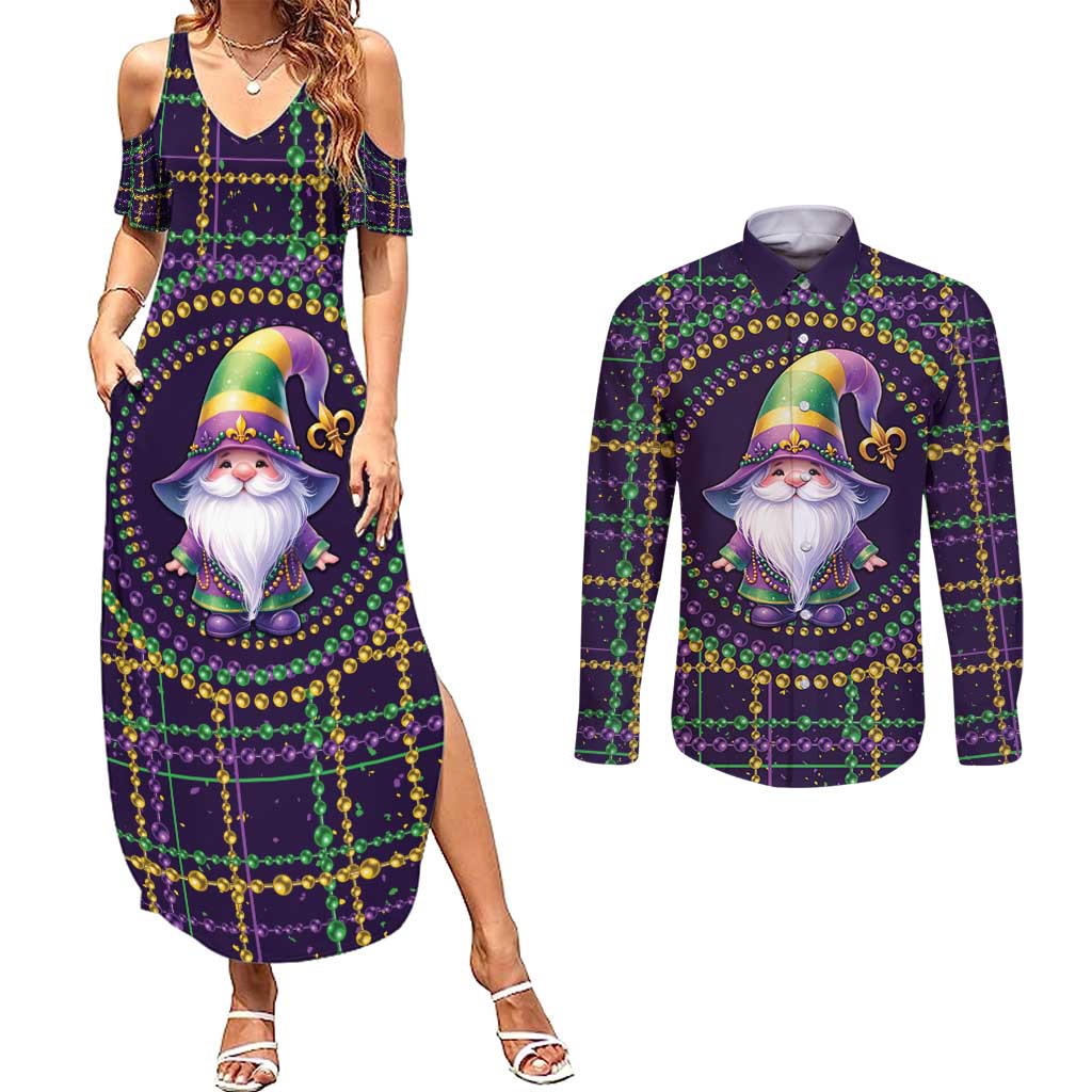 Mardi Gras Gnome Couples Matching Summer Maxi Dress and Long Sleeve Button Shirt Beads Fleur de lis Symbol