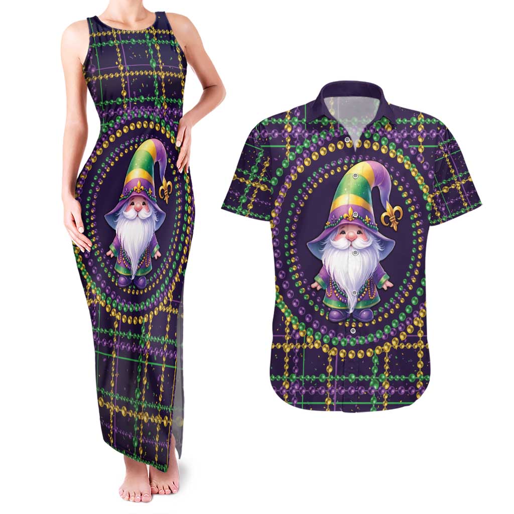 Mardi Gras Gnome Couples Matching Tank Maxi Dress and Hawaiian Shirt Beads Fleur de lis Symbol