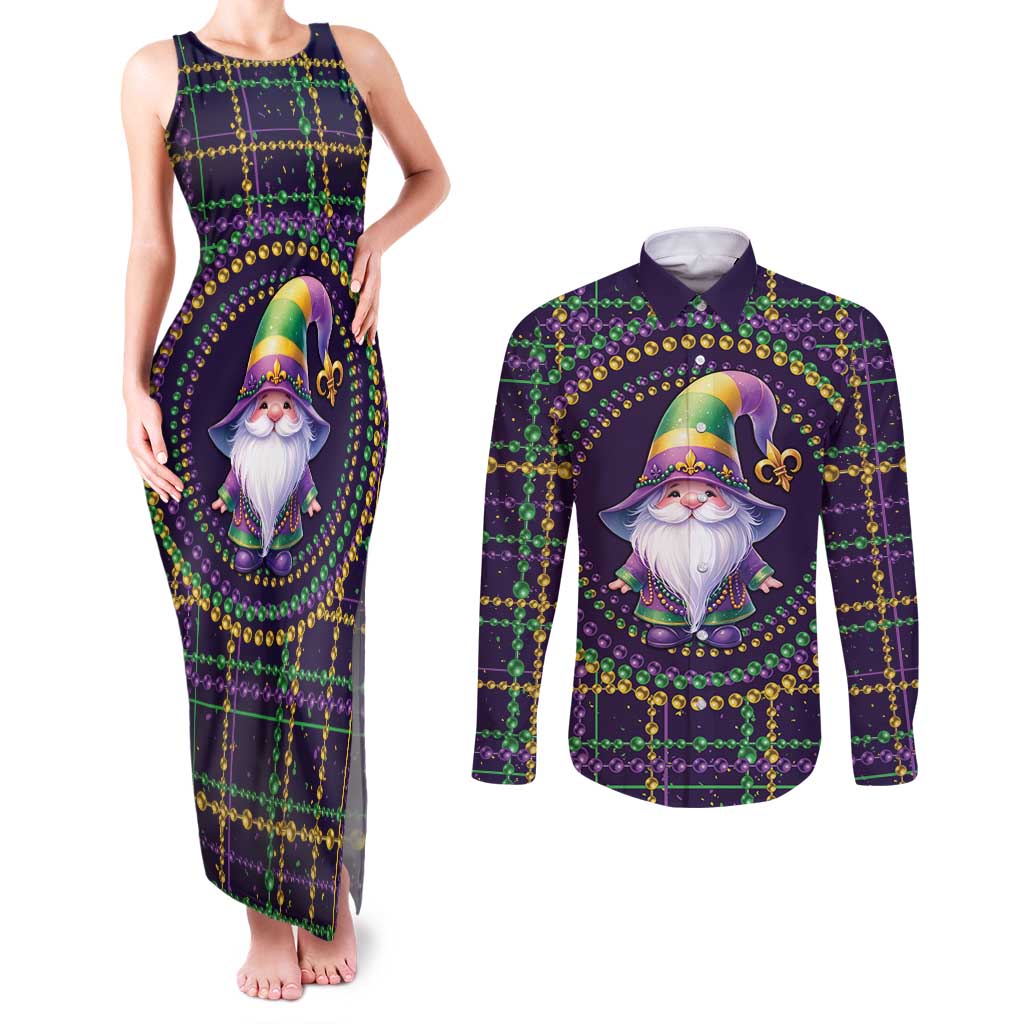 Mardi Gras Gnome Couples Matching Tank Maxi Dress and Long Sleeve Button Shirt Beads Fleur de lis Symbol