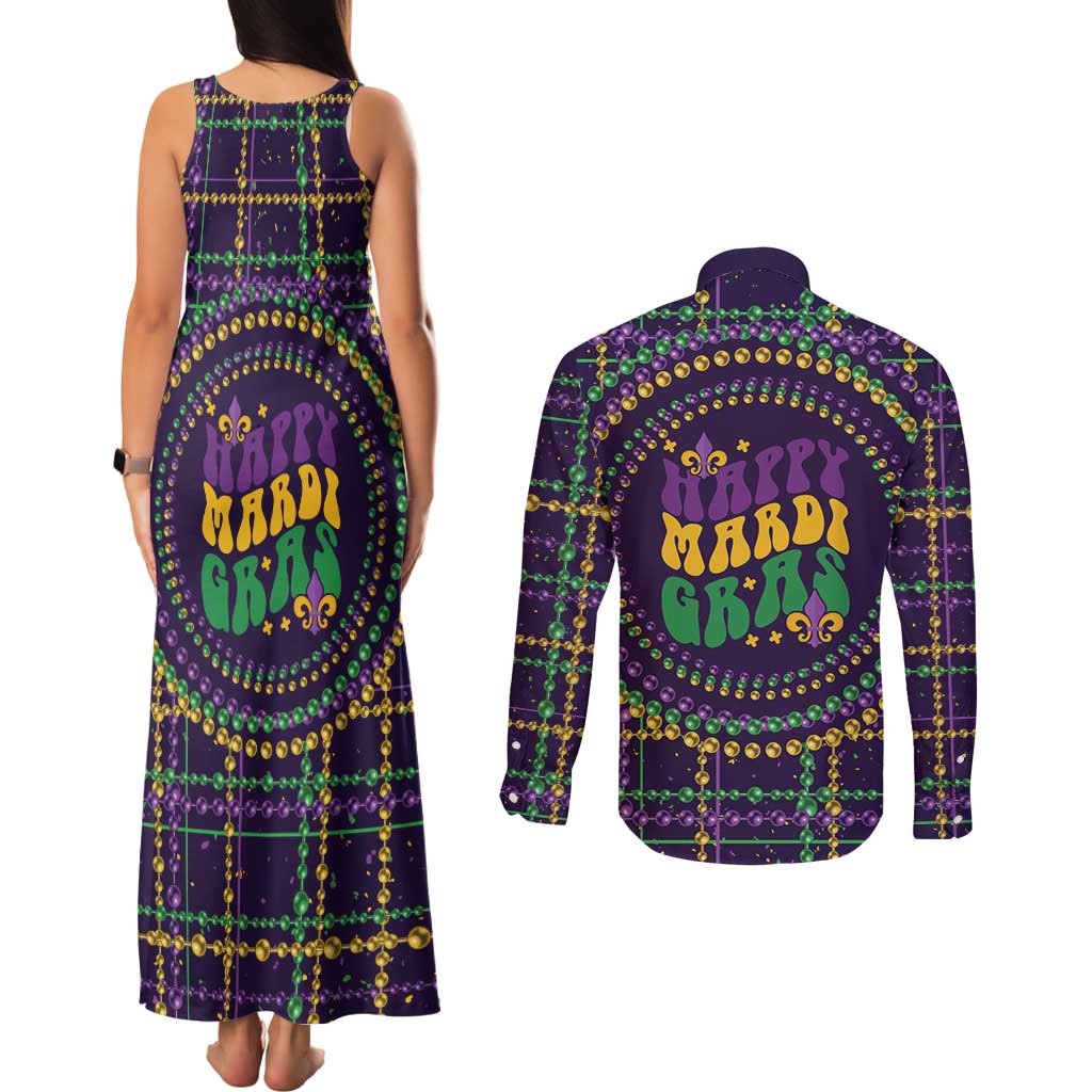 Mardi Gras Gnome Couples Matching Tank Maxi Dress and Long Sleeve Button Shirt Beads Fleur de lis Symbol