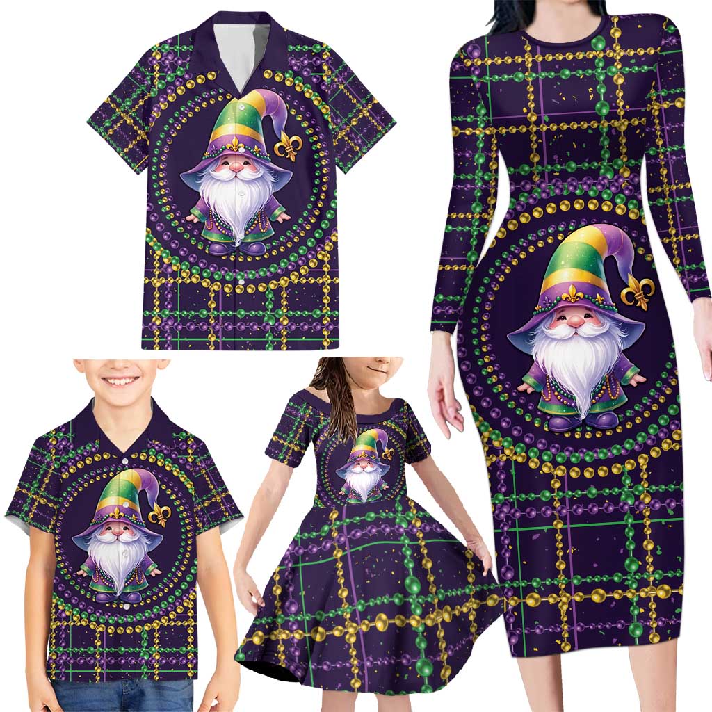 Mardi Gras Gnome Family Matching Long Sleeve Bodycon Dress and Hawaiian Shirt Beads Fleur de lis Symbol LT9 - Wonder Print Shop