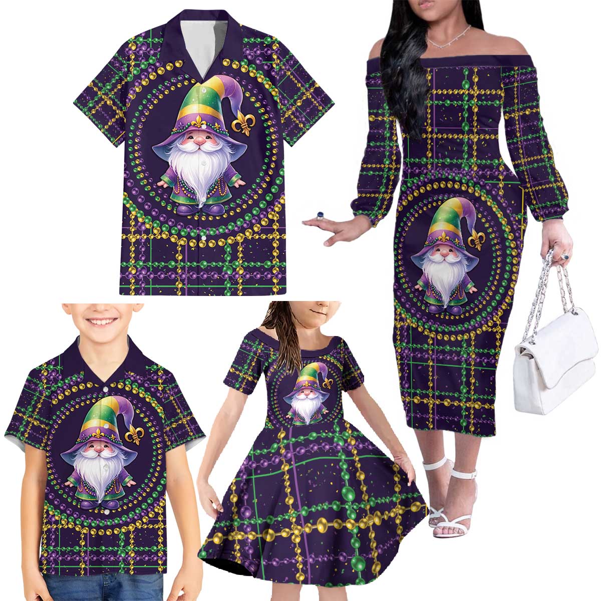 Mardi Gras Gnome Family Matching Off The Shoulder Long Sleeve Dress and Hawaiian Shirt Beads Fleur de lis Symbol