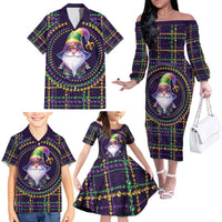 Mardi Gras Gnome Family Matching Off The Shoulder Long Sleeve Dress and Hawaiian Shirt Beads Fleur de lis Symbol