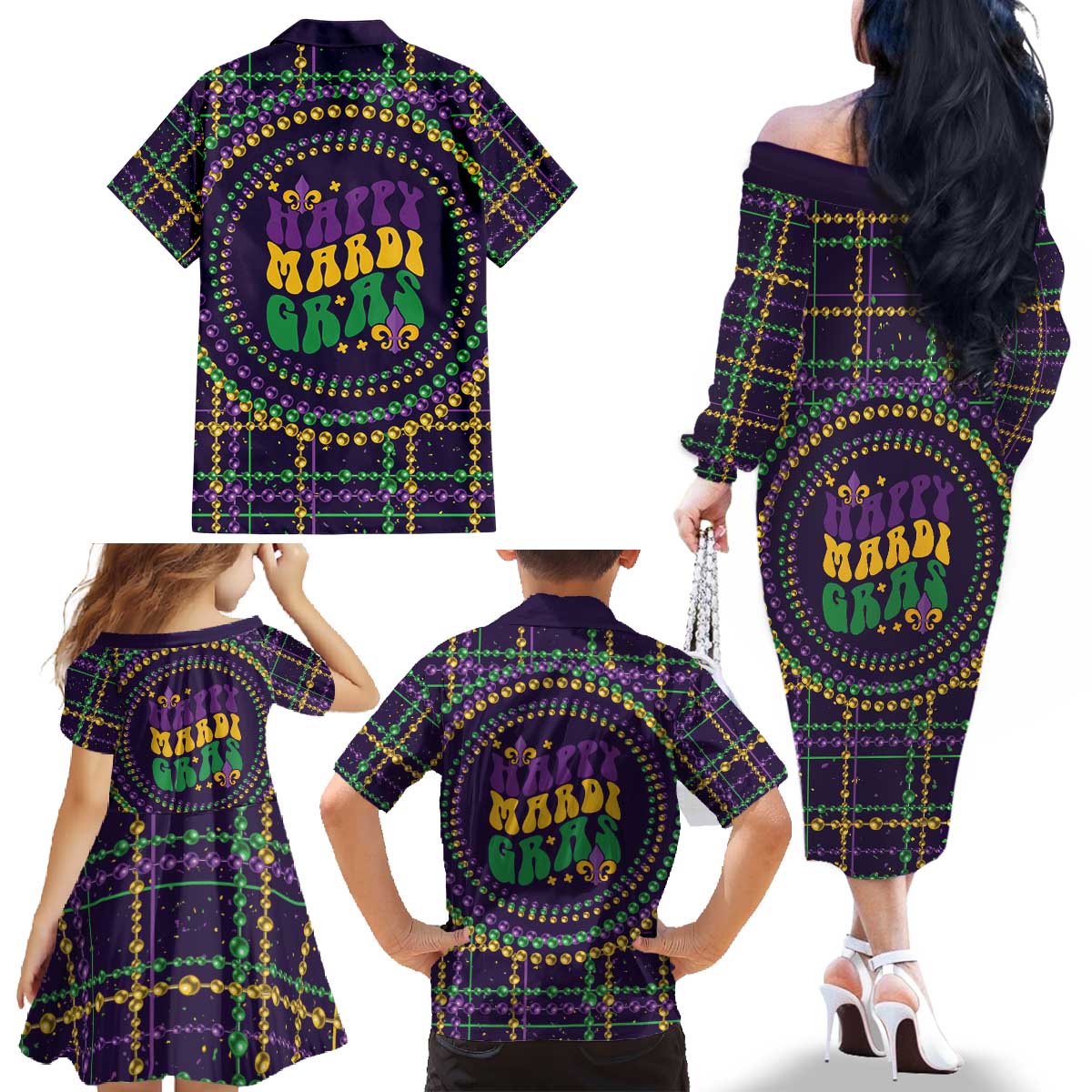 Mardi Gras Gnome Family Matching Off The Shoulder Long Sleeve Dress and Hawaiian Shirt Beads Fleur de lis Symbol