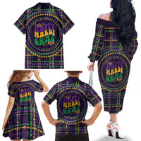 Mardi Gras Gnome Family Matching Off The Shoulder Long Sleeve Dress and Hawaiian Shirt Beads Fleur de lis Symbol