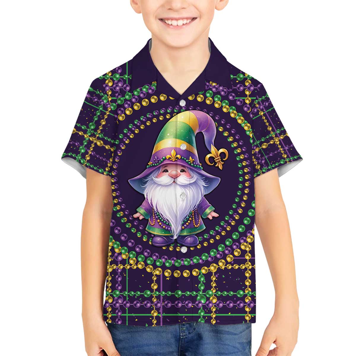 Mardi Gras Gnome Family Matching Off The Shoulder Long Sleeve Dress and Hawaiian Shirt Beads Fleur de lis Symbol