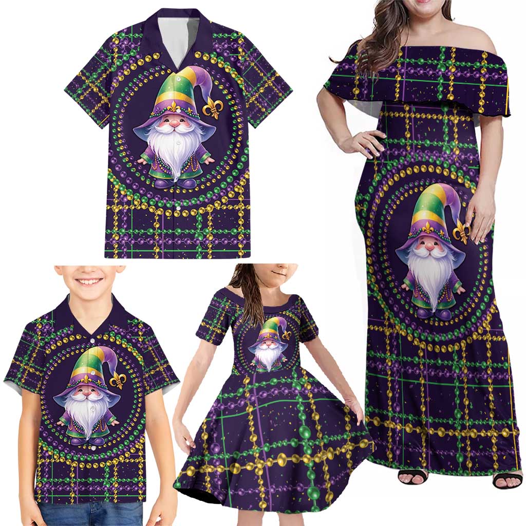 Mardi Gras Gnome Family Matching Off Shoulder Maxi Dress and Hawaiian Shirt Beads Fleur de lis Symbol LT9 - Wonder Print Shop