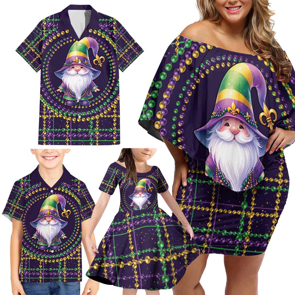 Mardi Gras Gnome Family Matching Off Shoulder Short Dress and Hawaiian Shirt Beads Fleur de lis Symbol LT9 - Wonder Print Shop