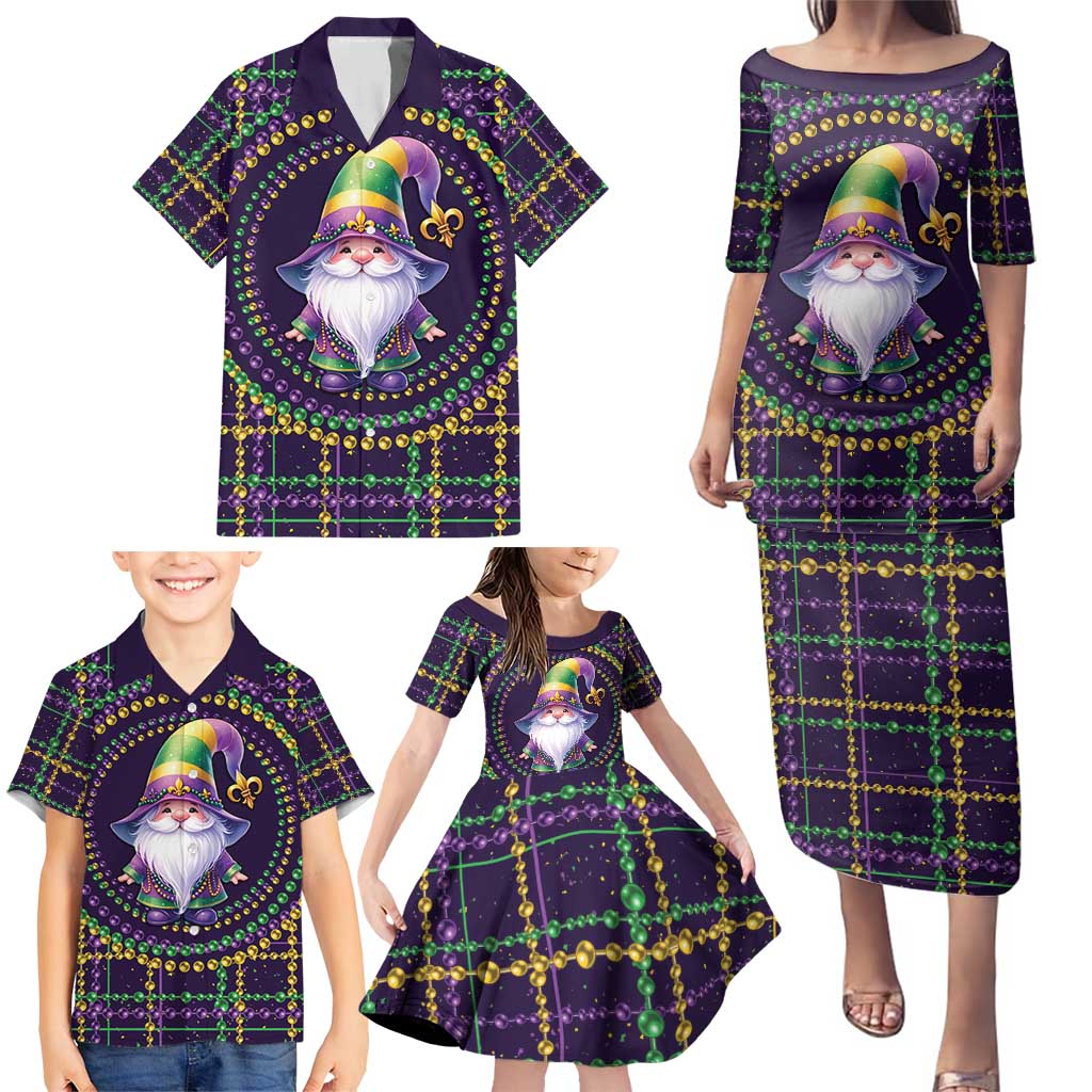 Mardi Gras Gnome Family Matching Puletasi and Hawaiian Shirt Beads Fleur de lis Symbol