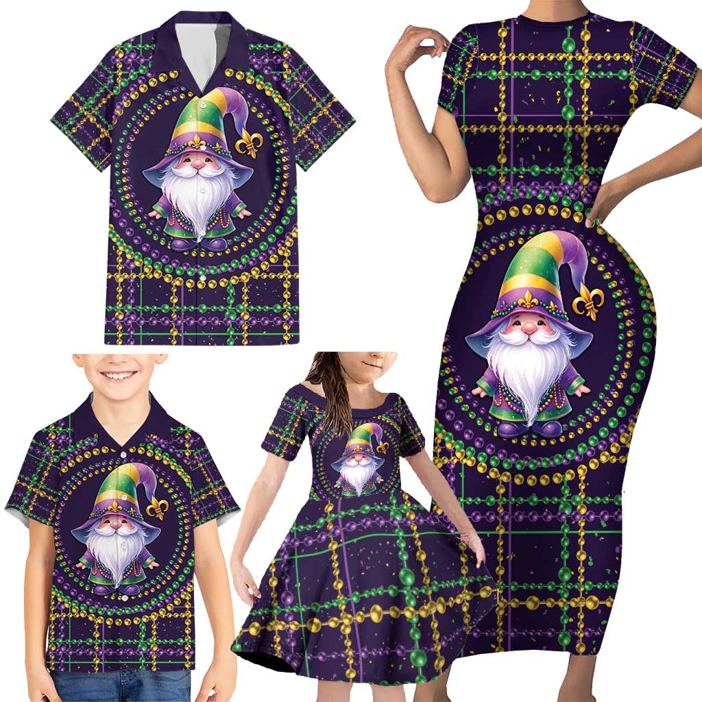 Mardi Gras Gnome Family Matching Short Sleeve Bodycon Dress and Hawaiian Shirt Beads Fleur de lis Symbol - Wonder Print Shop