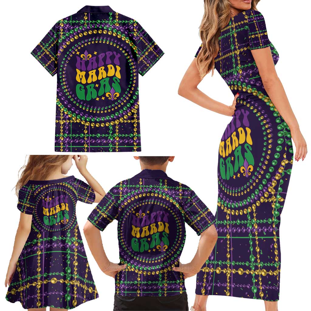 Mardi Gras Gnome Family Matching Short Sleeve Bodycon Dress and Hawaiian Shirt Beads Fleur de lis Symbol - Wonder Print Shop