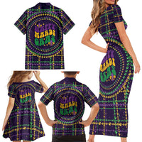 Mardi Gras Gnome Family Matching Short Sleeve Bodycon Dress and Hawaiian Shirt Beads Fleur de lis Symbol - Wonder Print Shop