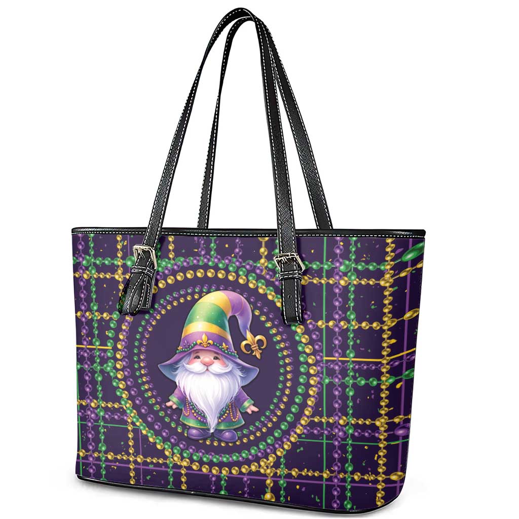 Mardi Gras Gnome Leather Tote Bag Beads Fleur de lis Symbol