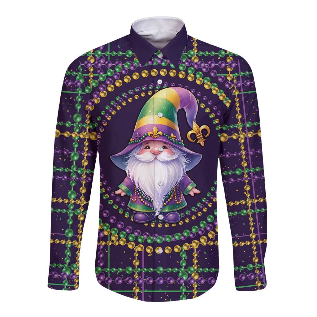 Mardi Gras Gnome Long Sleeve Button Shirt Beads Fleur de lis Symbol