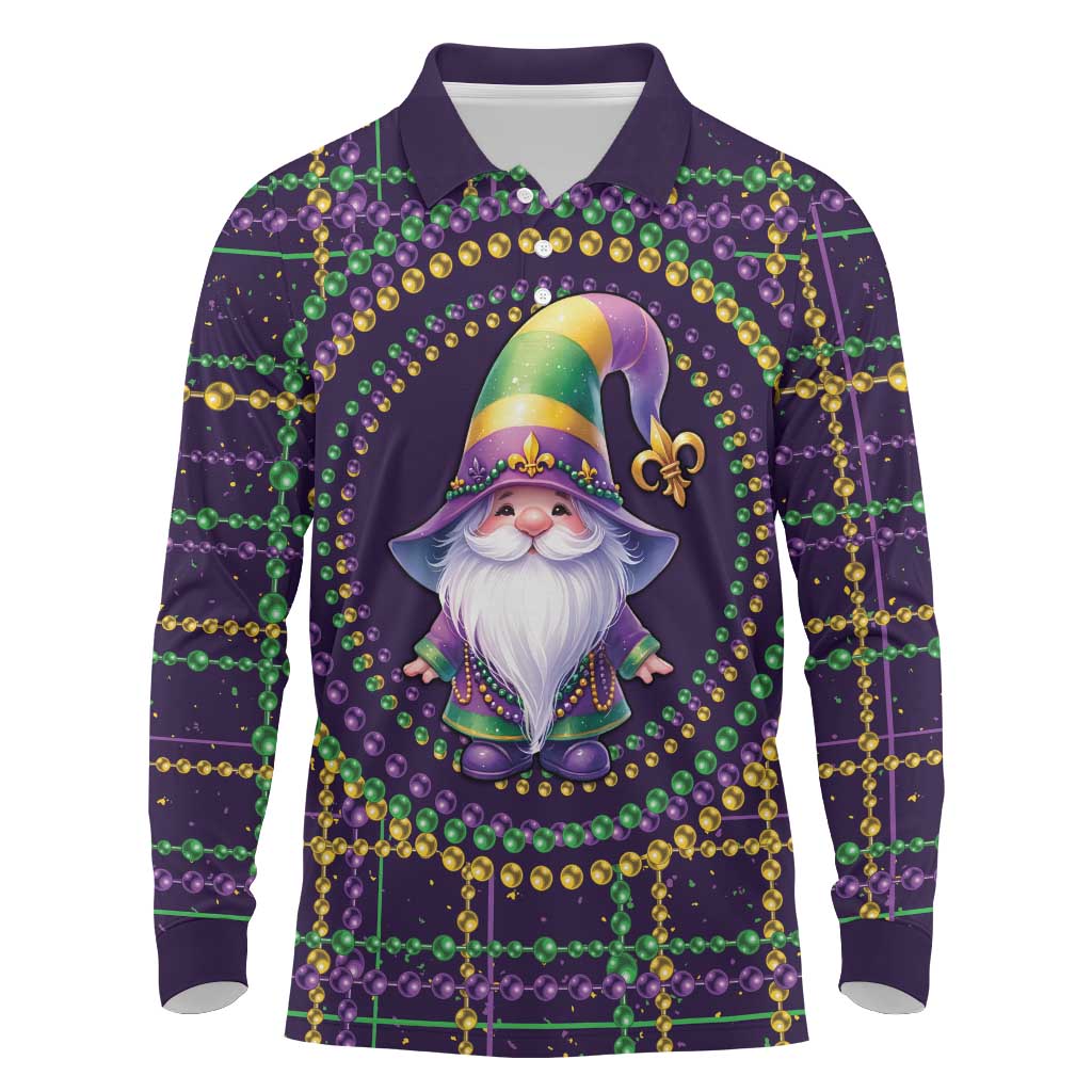 Mardi Gras Gnome Long Sleeve Polo Shirt Beads Fleur de lis Symbol - Wonder Print Shop
