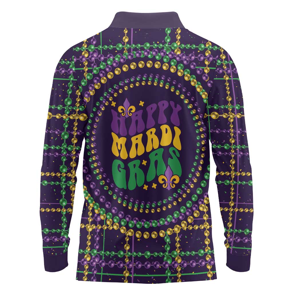 Mardi Gras Gnome Long Sleeve Polo Shirt Beads Fleur de lis Symbol - Wonder Print Shop