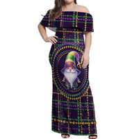 Mardi Gras Gnome Off Shoulder Maxi Dress Beads Fleur de lis Symbol - Wonder Print Shop