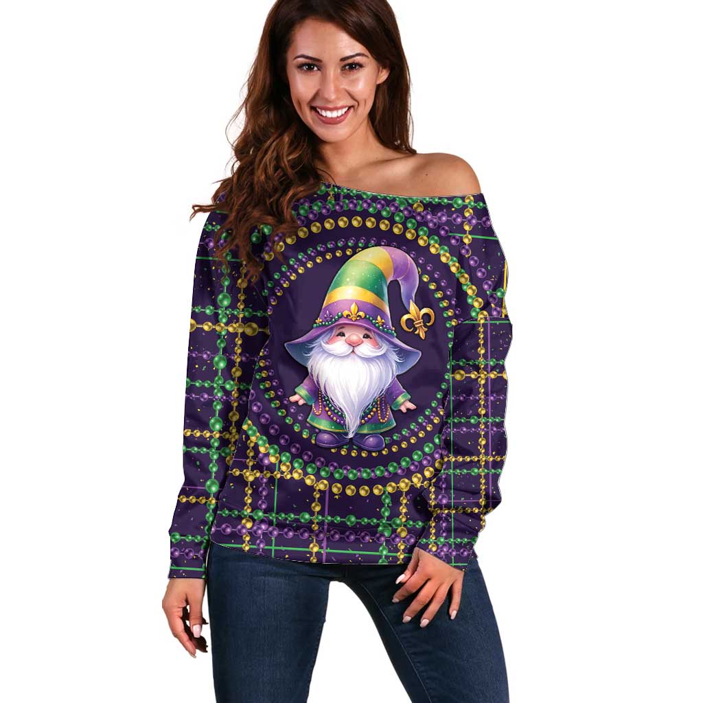Mardi Gras Gnome Off Shoulder Sweater Beads Fleur de lis Symbol - Wonder Print Shop
