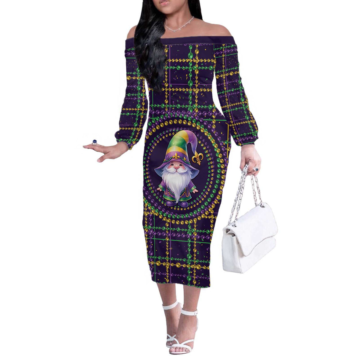 Mardi Gras Gnome Off The Shoulder Long Sleeve Dress Beads Fleur de lis Symbol - Wonder Print Shop