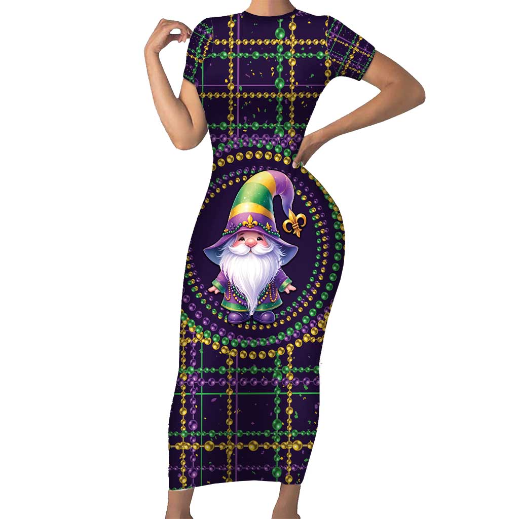 Mardi Gras Gnome Short Sleeve Bodycon Dress Beads Fleur de lis Symbol - Wonder Print Shop