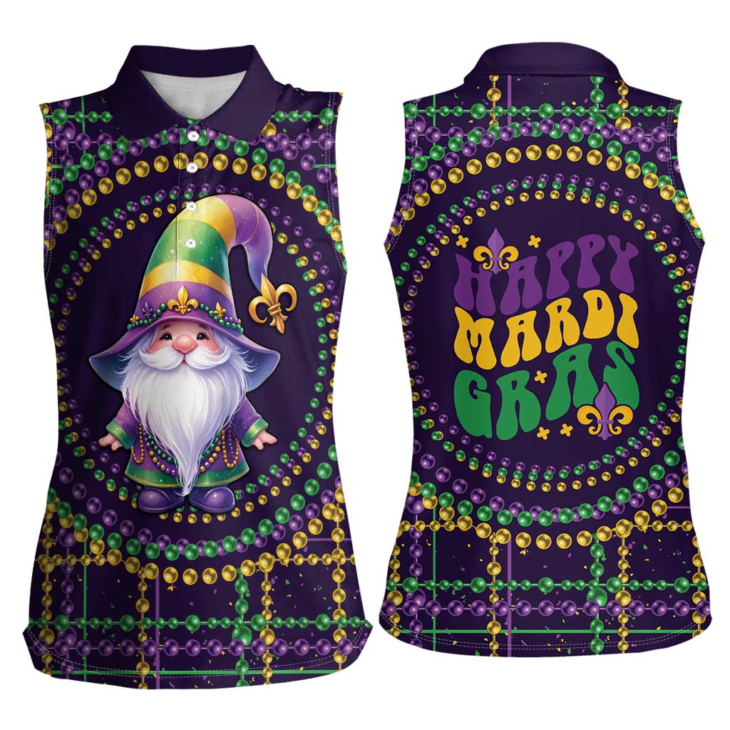 Mardi Gras Gnome Women Sleeveless Polo Shirt Beads Fleur de lis Symbol - Wonder Print Shop