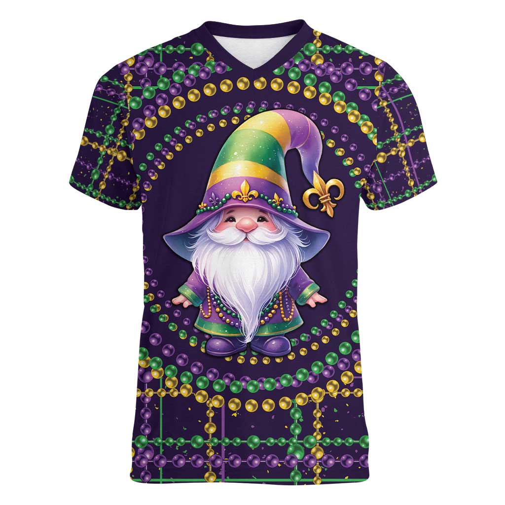 Mardi Gras Gnome Women V-Neck T-Shirt Beads Fleur de lis Symbol - Wonder Print Shop