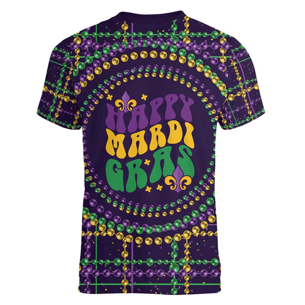 Mardi Gras Gnome Women V-Neck T-Shirt Beads Fleur de lis Symbol - Wonder Print Shop