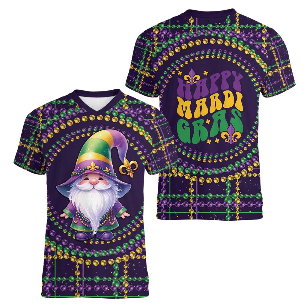Mardi Gras Gnome Women V-Neck T-Shirt Beads Fleur de lis Symbol - Wonder Print Shop