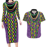 Mardi Gras Strings of Beads Couples Matching Long Sleeve Bodycon Dress and Hawaiian Shirt